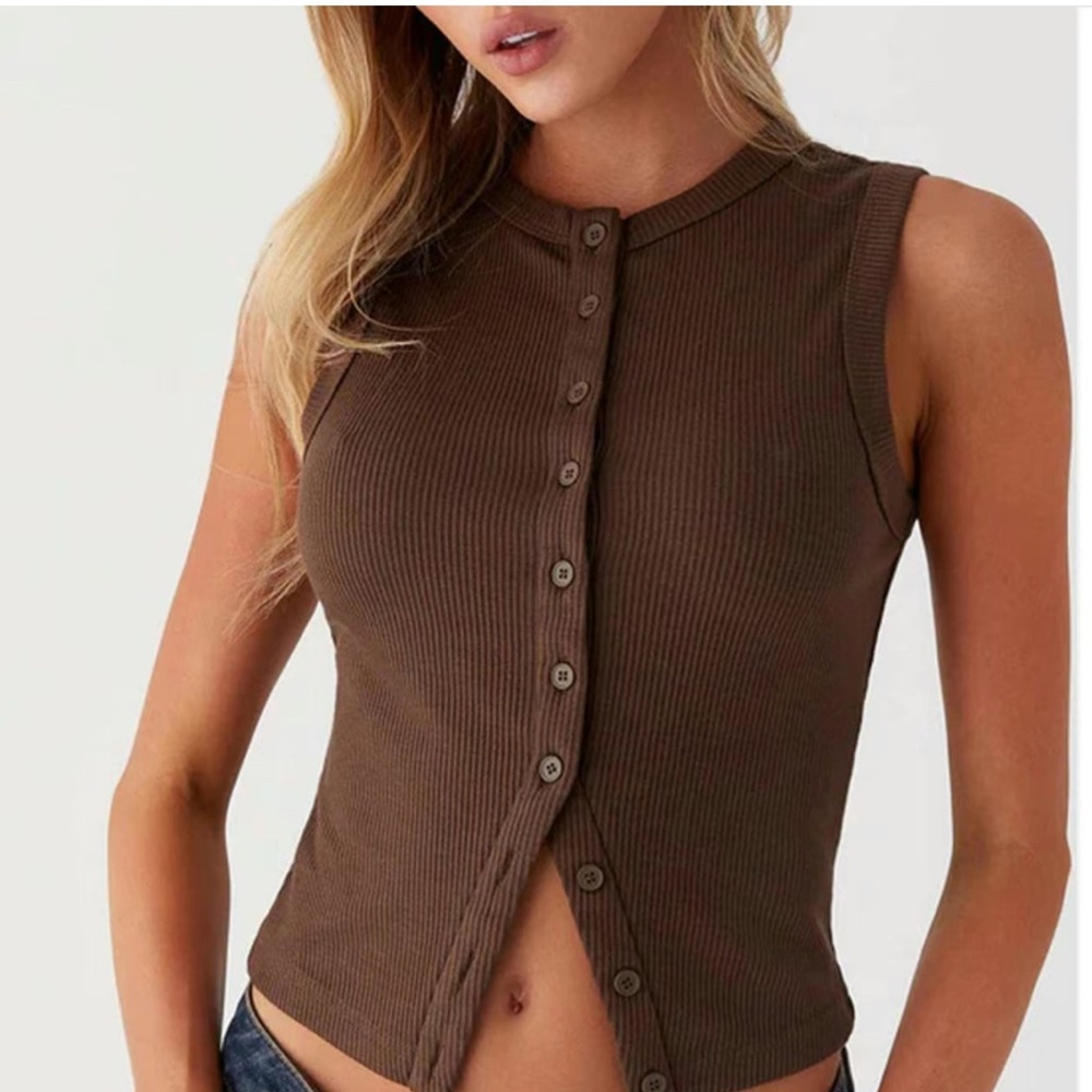 Brown Fitted Button Down Shirt with Mandarin Collar